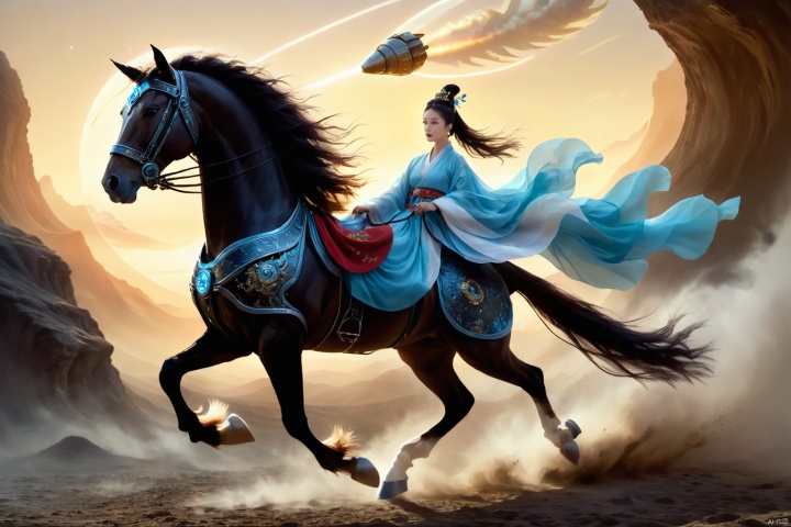  1girl,solo,black hair,hair ornament,hair bun,chinese clothes ,single hair bun,riding,horse,hors,eback riding,The girl is riding on a mechanical warhorse, with an alien spacecraft in the background,Flowing long hair,Vivid clothes,
A solitary young woman, her long black hair tied up in a sleek, single hair bun accentuated by a dazzling hair ornament, is dressed in authentic Chinese garb that speaks volumes about her cultural heritage. Riding not just any ordinary horse, but a futuristic mechanical warhorse, she stands out against the stark contrast of her surroundings. 
Against the backdrop of an extraterrestrial spacecraft hovering majestically in the distance, this scene encapsulates a fascinating blend of ancient traditions and advanced technology. The girl's confident stance on her high-tech mount symbolizes a seamless integration of the past and the future, where oriental aesthetics meets sci-fi fantasy.
As she navigates the unknown terrain, her equestrian skills adapt seamlessly to the mechanical creature beneath her, suggesting a world where humanity has evolved beyond the conventional bounds of Earthly limitations. In this surreal imagery, the girl on her mechanical warhorse becomes a beacon of resilience and adaptation, bridging worlds and epochs in a thrilling narrative of human progress and cultural endurance., scenery