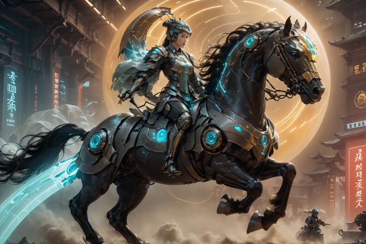  1girl,solo,black hair,hair ornament,hair bun,chinese clothes ,single hair bun,riding,horse,hors,eback riding,The girl is riding on a mechanical warhorse, with an alien spacecraft in the background,Flowing long hair,Vivid clothes,cyberpunk art,fantasy art,Mechanically constructed warhorse with intricate mechanical intricacy
In this visually striking cyberpunk-fantasy artwork, we have a solitary young woman who exudes strength and poise. She is depicted as having lustrous black hair which is elegantly styled into a single, meticulously tied bun adorned with a traditional Chinese hair ornament that adds a touch of cultural mystique to her appearance. Her flowing locks cascade down her back, contrasting beautifully against her vividly colored Chinese attire, rich with embroidered details that reflect both ancient heritage and futuristic aesthetics.
She rides a mechanically constructed warhorse, a marvel of technology and artistry, its form brimming with intricate gears, wires, and sleek metallic surfaces—a fusion of old-world steed and high-tech machinery. The warhorse gallops powerfully amidst a backdrop of a vast alien spacecraft hovering in the sky, casting an otherworldly glow upon the scene., robot