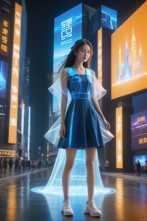 1girl, solo, long hair, neon light, (full body), night, city street, blue_dress, luminous text on the body, multi-line light on the body, (luminous electronic screen),(electronic message flow: 1.3), holographic projection, (luminous electronic screen on the arm: 1.2), luminous text on the thigh, (girl pose: 1.3), luminous electronic shoes, (Masterpiece, best quality: 1.2),16k, horizontal image quality, (luminous electronic screen), electronic message flow, holographic projection,, luminous electronic shoes,  city blocks, skyscrapers, scenery,
Surrealistic scenes,Weird architecture,Conceptual design,architectural design,realism,surrealism,3D rendering,scenery,excellent lighting,super detail,best quality,Fujifilm,extremely detailed CG unity 8k wallpaper,finely detail,long hair,