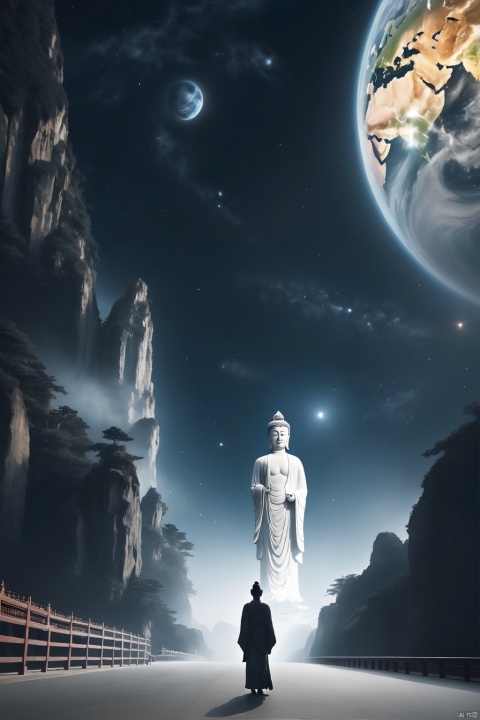 China-style,In the distance, A huge tall Buddha statue stands in space,Gaze at the earth,Standing Buddha statue,with light glowing,Glow effects,Pilgrims on the road,Hyper-realistic,Ultra photo realsisim,Real Photographics,8K,High definition,high qulity,Works of masters,super-fine,Chinese black and white ink style,（（（white colors）））,Decolorization,Smudge,ink,8K,super-fine,high qulity,（（（OC renderer）））