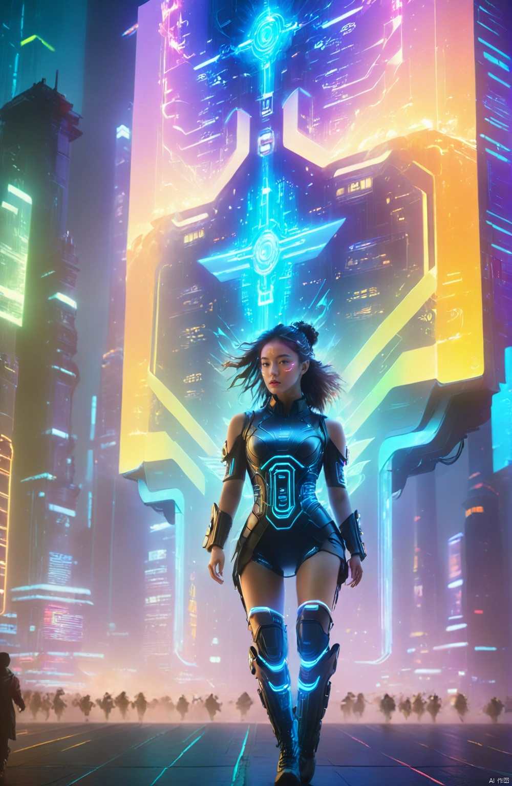 1girl,solo,full body,
In a horizontally oriented masterpiece rendered at an ultra-high 16K image quality that embodies the technology of the future, there stands a cyberpunk girl amidst a backdrop composed of tightly packed city blocks, towering skyscrapers, and neon-lit signs. This girl epitomizes the fusion of cutting-edge artistry and technology with meticulous attention paid to every detail in envisioning a unique interpretation of tomorrow's world.

Her attire is crafted from luminescent materials, featuring multiple lines of light tracing her form, creating a mesmerizing interplay of body-hugging beams (1.2). The entire ensemble sparkles as various points across her body emit light, weaving a dazzling visual spectacle.

An oversized glowing electronic screen adorns her body, dynamically streaming electronic messages and data flows (1.3), vividly encapsulating the torrential nature of digital information in a futuristic existence. A holographic projection system is integrated into her arm, extending outwards from a sleeve, casting images into the air—a testament to how deeply technology permeates daily life in this imagined future.

Text that glows luminously is inscribed upon her thigh, adding a layer of narrative intrigue to her overall aesthetic. She sports a pair of glowing electronic shoes that not only match but also harmoniously interact with her radiant outfit.

Colored smoke envelops her feet, imbuing the scene with an ethereal and enigmatic atmosphere. The girl strikes a powerful and evocative pose (1.2), serving as a symbolic bridge between reality and the realm of high-tech futurism.

In summary, this vision presents a cyberpunk girl who, through her illuminated garb, interactive body projections, and illuminated accessories, transcends the boundaries of the present while inviting viewers to embark on a journey into a new world where fashion design, advanced technological functionality, and futuristic ideology blend seamlessly., Arien view