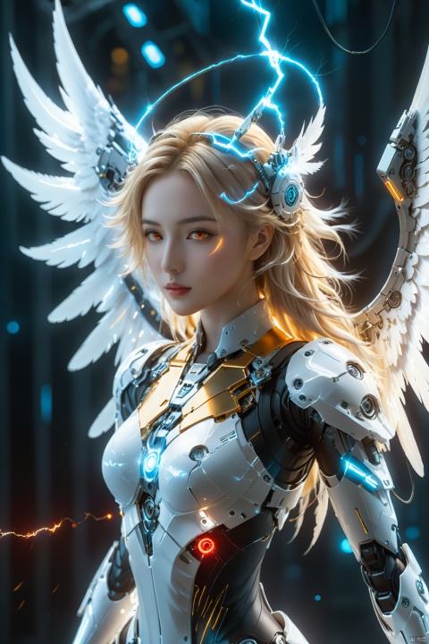 cyberpunk art,fantasy art,1girl,angel,angel wings,white theme,(winding lightning:1.2),mechanically constructed body,extremely complex mechanical structures,white skin,white wings,bright picture,red eyes,electricity,breasts,realistic,looking at viewer,blonde hair,mechanical wings,red eyes,a glowing halo above one's head,masterpiece,best quality,ultra-detailed,very detailed illustrations,extremely detailed,intricate details,highres,super complex details,extremely detailed 8k cg wallpaper,cowboy shot,reflections,ray tracing,dark aura,cyber effect,mecha girl parts,robot joints,single mechanical arm,(angel's halo),
mechanical halo,intricate mechanical bodysuit,mecha corset,(transparent plastic armor),very long hair,hair between eyes,multicolored hair,colored inner hair,random expressions,random action,dynamic pose.true-to-life feathers,
This female character possesses a body constructed entirely of intricate mechanical components,the complexity and finesse of which are truly awe-inspiring. Her skin is flawlessly white,and she unfurls a pair of pure white wings behind her back,adorned with a winding lightning pattern that is rendered at 1.2 times the standard density,creating a striking visual impact. These wings not only embody mechanical architecture but are also depicted with such lifelike detail that they resemble genuine feathers.,
She boasts ruby-red eyes that gleam with the kinetic energy of flowing electricity,directly engaging the viewer. Her golden locks shine brightly as they flow in the wind,with several strands naturally cascading down between her eyes. She sports a single mechanical arm,its joints meticulously designed with a distinct cyberpunk aesthetic.,
Her head is adorned with a halo composed of similar mechanical parts,softly emitting light,further enhancing her portrayal as a mechanical angel., scenery, composed of elements of thunder,thunder,electricity