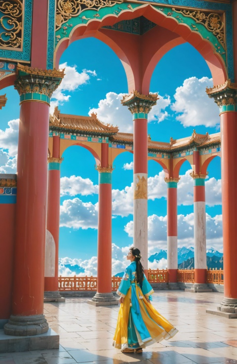1girl,wuman,cloud, sky, cloudy_sky, scenery, tower, arch, pillar, no_humans, architecture, artstation, 19 years old young woman, abstract landscape, energizing, colorful, artistic expression, nostalgic, monumental, aesthetic, very inspirational, arthouse, detailed, colorized photograph,cgsociety, by Gustave Dore, octane render,
In this stunning architectural scene, the sky serves as a dramatic canvas painted with an array of clouds that blanket the horizon in a majestic cloudy expanse. The absence of human figures heightens the sense of grandeur and solitude, directing the viewer's focus solely onto the breathtaking scenery below.

A towering edifice rises from the landscape, its form defined by arches and pillars that speak to a rich history and masterful design. The structure seems to reach out towards the heavens, bridging the gap between earth and sky. Each pillar and archway is meticulously crafted, showcasing the intricate details and the timeless beauty of the architecture.

This image captures the essence of human creation nestled within the vastness of natureāa testament to the enduring power of design and the harmonious relationship that can exist between man-made wonders and the natural world., Arien view, 1girl, shanhaijing, arien_hanfu