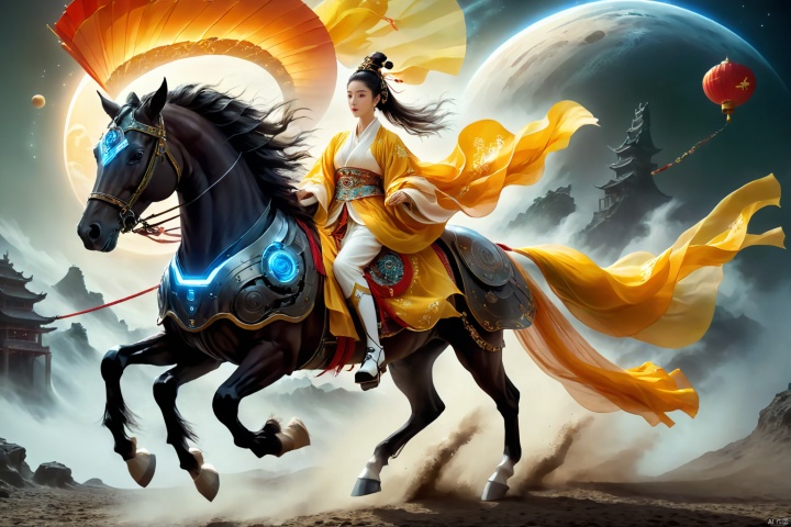  1girl,solo,black hair,hair ornament,hair bun,chinese clothes ,single hair bun,riding,horse,hors,eback riding,The girl is riding on a mechanical warhorse, with an alien spacecraft in the background,Flowing long hair,Vivid clothes,
A solitary young woman, her long black hair tied up in a sleek, single hair bun accentuated by a dazzling hair ornament, is dressed in authentic Chinese garb that speaks volumes about her cultural heritage. Riding not just any ordinary horse, but a futuristic mechanical warhorse, she stands out against the stark contrast of her surroundings. 
Against the backdrop of an extraterrestrial spacecraft hovering majestically in the distance, this scene encapsulates a fascinating blend of ancient traditions and advanced technology. The girl's confident stance on her high-tech mount symbolizes a seamless integration of the past and the future, where oriental aesthetics meets sci-fi fantasy.
As she navigates the unknown terrain, her equestrian skills adapt seamlessly to the mechanical creature beneath her, suggesting a world where humanity has evolved beyond the conventional bounds of Earthly limitations. In this surreal imagery, the girl on her mechanical warhorse becomes a beacon of resilience and adaptation, bridging worlds and epochs in a thrilling narrative of human progress and cultural endurance., scenery
