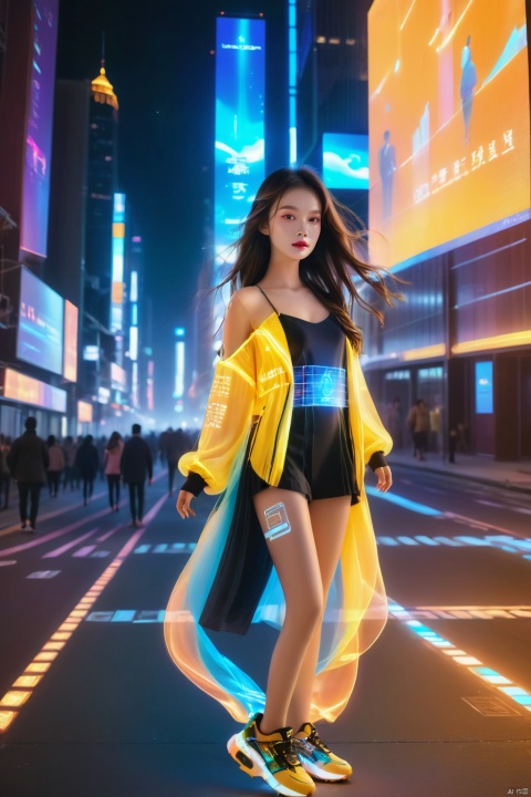  1 girl, solo, long hair, neon light, (full body), night, city street, blue_dress, luminous text on the body, multi-line light on the body, (luminous electronic screen),(electronic message flow: 1.3), holographic projection, (luminous electronic screen on the arm: 1.2), luminous text on the thigh, (girl pose: 1.3), luminous electronic shoes, (Masterpiece, best quality: 1.2),16k, horizontal image quality, (luminous electronic screen), electronic message flow, holographic projection,, luminous electronic shoes, colored smoke, city blocks, skyscrapers, , portrait