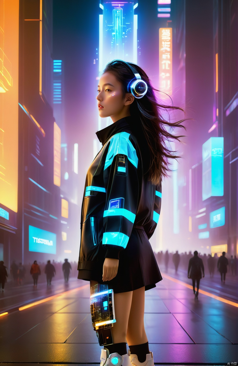1girl,solo,full body,
In a horizontally oriented masterpiece rendered at an ultra-high 16K image quality that embodies the technology of the future, there stands a cyberpunk girl amidst a backdrop composed of tightly packed city blocks, towering skyscrapers, and neon-lit signs. This girl epitomizes the fusion of cutting-edge artistry and technology with meticulous attention paid to every detail in envisioning a unique interpretation of tomorrow's world.

Her attire is crafted from luminescent materials, featuring multiple lines of light tracing her form, creating a mesmerizing interplay of body-hugging beams (1.2). The entire ensemble sparkles as various points across her body emit light, weaving a dazzling visual spectacle.

An oversized glowing electronic screen adorns her body, dynamically streaming electronic messages and data flows (1.3), vividly encapsulating the torrential nature of digital information in a futuristic existence. A holographic projection system is integrated into her arm, extending outwards from a sleeve, casting images into the air—a testament to how deeply technology permeates daily life in this imagined future.

Text that glows luminously is inscribed upon her thigh, adding a layer of narrative intrigue to her overall aesthetic. She sports a pair of glowing electronic shoes that not only match but also harmoniously interact with her radiant outfit.

Colored smoke envelops her feet, imbuing the scene with an ethereal and enigmatic atmosphere. The girl strikes a powerful and evocative pose (1.2), serving as a symbolic bridge between reality and the realm of high-tech futurism.

In summary, this vision presents a cyberpunk girl who, through her illuminated garb, interactive body projections, and illuminated accessories, transcends the boundaries of the present while inviting viewers to embark on a journey into a new world where fashion design, advanced technological functionality, and futuristic ideology blend seamlessly.