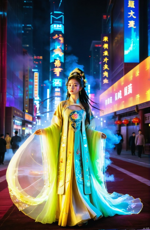  1girl, solo, long hair, neon lights, full body, night, (masterpiece, best quality: 1.2) , 16K, horizontal image quality, technology of the future, (girl pose: 1.3),city blocks, skyscrapers, colored smoke, (glowing electronic screen) , (electronic message flow: 1.3) ,
A young girl dressed in traditional Hanfu attire finds herself standing on a street lined with neon lights, her figure seemingly illuminated from within against the technicolor glow. Behind her looms a massive holographic display screen, casting a futuristic contrast against her ancient garb. The fusion of old and new, East and West, creates an enchanting visual spectacle where tradition meets modernity. Her elegant silhouette, adorned with intricate patterns and flowing fabric, holds a captivating presence amidst the pulsating energy of the city nightlife.
In a masterpiece rendered at ultra-high definition 16K horizontal image quality, showcasing the technology of the future, a girl poses dramatically against the backdrop of sprawling city blocks and towering skyscrapers. Colored smoke envelops the scene, imbuing it with an ethereal atmosphere. A glowing electronic screen in the background pulses with vitality, streaming a continuous flow of electronic messages in stunning detail (quality level 1.3), creating a mesmerizing fusion of humanity and cutting-edge tech within this urban dreamscape.