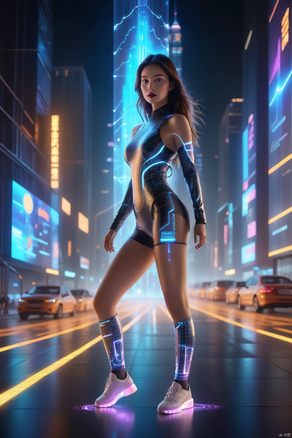 1girl, (full body),(masterpiece, best quality: 1.2) , 16K, horizontal image quality,UI, technology of the future, multi-line light on body, glowing text on body,, (glowing electronic screen) , (electronic message flow: 1.3) , Holographic UI Ground or Holographic User Interface at Ground Level,holographic projection, (glowing electronic screen on ARM: 1.2) , glowing text on thigh, glowing electronic shoes, city blocks, skyscrapers,(UI:0.7),The background is a holographic screen,
An imaginative prompt: A futurist masterpiece rendered in extraordinary 16K horizontal resolution, this digital artwork envisions a solitary girl poised amidst urban blocks and towering skyscrapers within a dreamlike metropolis illuminated by neon lights. The central figure dons an avant-garde, ultra-mini dress that epitomizes the spirit of futurism, seamlessly blending into her surroundings.
Her body serves as a canvas upon which multiple dynamic light trails trace her form, each pulsating rhythmically with the heartbeat of the city. Glowing text seemingly etched onto her skin transforms like an electronic epic, reflecting an ever-flowing stream ofairborne
Equipped on her arm is an advanced holographic projection device originating from a dazzling luminescent electronic screen, showcasing torrents of real-time data. Similarly, her thigh bears luminous inscriptions, adding depth to this high-tech tableau.
She stands confidently, her posture exaggerated at 1.2 times its natural scale to convey both strength and poise. Her feet are shod in futuristic glowing electronic shoes, defying gravity with every step. A towering, glowing electronic billboard looms in the background, broadcasting rapid digital information streams, forming a visually impactful and monumental digital wall., portrait