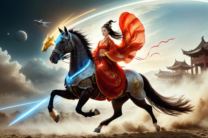  1girl,solo,black hair,hair ornament,hair bun,chinese clothes ,single hair bun,riding,horse,hors,eback riding,The girl is riding on a mechanical warhorse, with an alien spacecraft in the background,Flowing long hair,Vivid clothes,
A solitary young woman, her long black hair tied up in a sleek, single hair bun accentuated by a dazzling hair ornament, is dressed in authentic Chinese garb that speaks volumes about her cultural heritage. Riding not just any ordinary horse, but a futuristic mechanical warhorse, she stands out against the stark contrast of her surroundings. 
Against the backdrop of an extraterrestrial spacecraft hovering majestically in the distance, this scene encapsulates a fascinating blend of ancient traditions and advanced technology. The girl's confident stance on her high-tech mount symbolizes a seamless integration of the past and the future, where oriental aesthetics meets sci-fi fantasy.
As she navigates the unknown terrain, her equestrian skills adapt seamlessly to the mechanical creature beneath her, suggesting a world where humanity has evolved beyond the conventional bounds of Earthly limitations. In this surreal imagery, the girl on her mechanical warhorse becomes a beacon of resilience and adaptation, bridging worlds and epochs in a thrilling narrative of human progress and cultural endurance., scenery