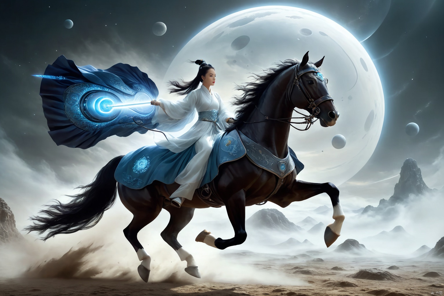  1girl,solo,black hair,hair ornament,hair bun,chinese clothes ,single hair bun,riding,horse,hors,eback riding,The girl is riding on a mechanical warhorse, with an alien spacecraft in the background,Flowing long hair,Vivid clothes,
A solitary young woman, her long black hair tied up in a sleek, single hair bun accentuated by a dazzling hair ornament, is dressed in authentic Chinese garb that speaks volumes about her cultural heritage. Riding not just any ordinary horse, but a futuristic mechanical warhorse, she stands out against the stark contrast of her surroundings. 
Against the backdrop of an extraterrestrial spacecraft hovering majestically in the distance, this scene encapsulates a fascinating blend of ancient traditions and advanced technology. The girl's confident stance on her high-tech mount symbolizes a seamless integration of the past and the future, where oriental aesthetics meets sci-fi fantasy.
As she navigates the unknown terrain, her equestrian skills adapt seamlessly to the mechanical creature beneath her, suggesting a world where humanity has evolved beyond the conventional bounds of Earthly limitations. In this surreal imagery, the girl on her mechanical warhorse becomes a beacon of resilience and adaptation, bridging worlds and epochs in a thrilling narrative of human progress and cultural endurance., scenery