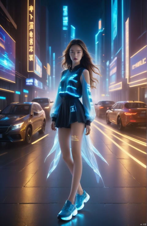 1 girl, solo, long hair, neon light, (full body), night, city street, blue_dress, luminous text on the body, multi-line light on the body, (luminous electronic screen),(electronic message flow: 1.3), holographic projection, (luminous electronic screen on the arm: 1.2), luminous text on the thigh, (girl pose: 1.3), luminous electronic shoes, (Masterpiece, best quality: 1.2),16k, horizontal image quality, (luminous electronic screen), electronic message flow, holographic projection,, luminous electronic shoes,  city blocks, skyscrapers, scenery,
A solitary girl with flowing long hair stands on a city street at night amidst neon lights, dressed in a blue dress. Her figure is adorned with illuminating multi-line light patterns, and she features a built-in luminous electronic screen showcasing an electronic message flow (1.3). Additionally, there's a holographic projection, an arm-mounted glowing electronic screen presenting data '1.2', as well as radiant text displayed on her thigh. The girl adopts a captivating pose numbered 1.3, complemented by her high-tech, luminescent electronic shoes. This visual masterpiece boasts the best quality at a 16k horizontal image resolution. The background imagery consists of a luminous electronic screen, scrolling electronic message streams, holographic projections, and towering skyscrapers amidst urban blocks.
