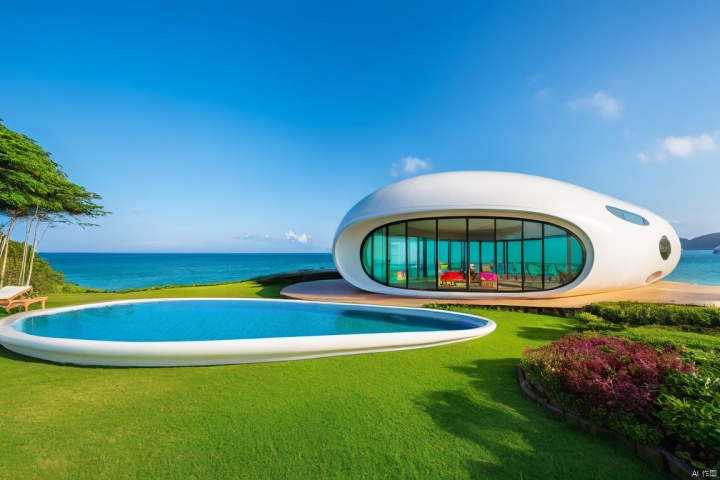  Masterpiece, the best quality, stunning details, Enjoy the Future, 
（Wide angle：1.2）, 8k, (seaside:1.2), （sea coast:1.2),(sea:1.5),
oval shaped building (streamlined, white exterior, jellyfish shaped design, glass exterior wall, colorful decoration, huge) surrounded by （bamboo forest：0.7) and the （sea：1.3）, outside swimming pool
