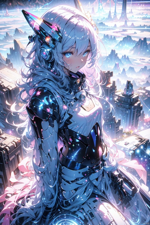  1 girl (sitting:1.5) on Mecha, frontal,blue eyes, white hair blowing in the wind,machinery,science fiction novel, mechanical armor, metallic luster, electroplating, Mecha, science fiction, glow, backlighting, (masterpiece, top quality, best quality, official art, beautiful and aesthetic:1.2),highest detailed,mecha,contemplative, full shot, (in space:2),
outdoor, (star sky:1.2),full body,Mountain willows,star, Pink Mecha