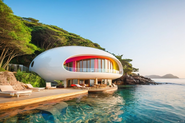  Masterpiece, the best quality, stunning details, Enjoy the Future, 
（Wide angle：1.2）, 8k, (seaside:1.2), （sea coast:1.2),(sea:1.5),
oval shaped building (streamlined, white exterior, metal frame, spherical shaped design, glass exterior wall, colorful decoration, huge) surrounded by （bamboo forest：0.7) and the （sea：1.3）, outside swimming pool
