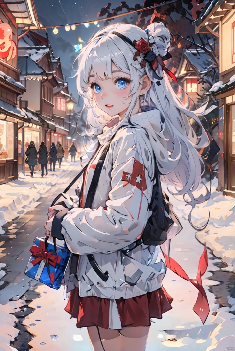  1 girl, frontal,blue eyes, white hair blowing in the wind, happy to look at the camera,small huts,street,,in winter,snowy, (red lantern:1.3),(holding red gift:1.2),night,moon,light, ((poakl))