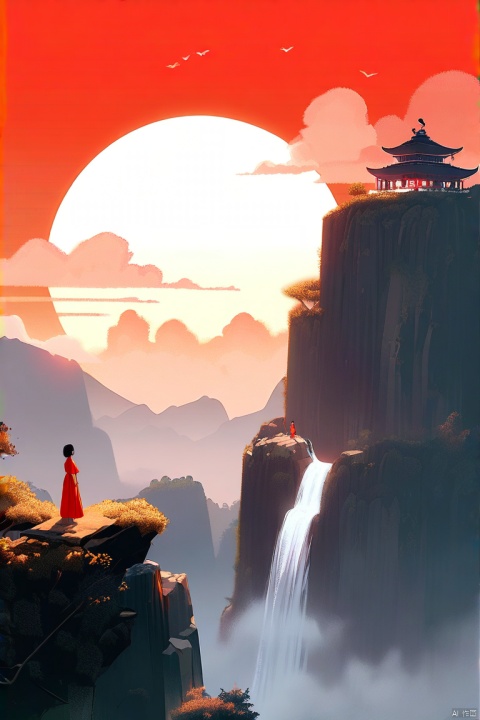 steep hills, (high mountain:1.2),(waterfall:1.2),cold and minimalist, artistic conception, small ancient girl is standing on the mountain who is wearing glowing red dress, depth of field, rich in details, High definition, high resolution,the impression of openness or solitude,large expanse of negative space, trees, cloud, Asian art style,glowing dress,orange sunset, yellow,blue sky, white coud,