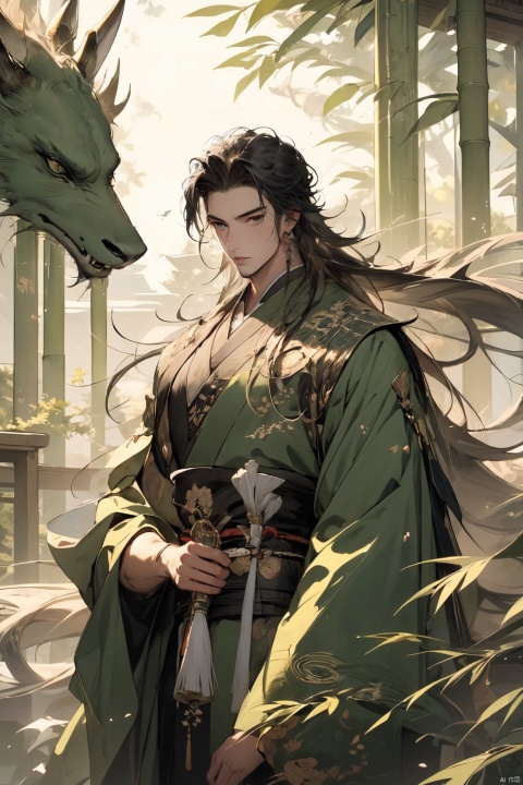  (masterpiece, top quality, best quality, official art, beautiful and aesthetic:1.2), (1boy), (green clothes:1.4),(white long hair:1.2),extreme detailed,(fractal art:1.3),colorful,highest detailed, msaibo, (bamboo leaves:1.1),dusty,Chinese ink painting, fanxing, zhongli (genshin impact), midjourney portrait, iskandar, green background,(long shot:1.2),golden,Bamboo, splashingink, long shot,