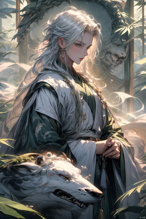  (masterpiece, top quality, best quality, official art, beautiful and aesthetic:1.2), (1boy:1.3), (green clothes:1.4),(white long hair:1.8),extreme (detailed face:1.1),(fractal art:1.3),colorful,highest detailed, (bamboo leaves:1.2),dusty,Chinese ink painting, fanxing, midjourney portrait, iskandar, green background,(long shot:1.2),golden,Bamboo, splashingink, backlight