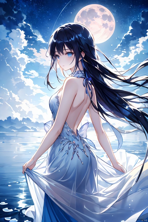  (masterpiece),(wallpaper), (best quality), (best illuminate, best shadow), (best illustration), dynamic angle,
(1 girl) is walking in front of a delicate and beautiful moon-blue sky, solo, from side, 
(Backlight), mid shot, (the beautiful and delicate girl:1.3), beautiful bare back, (detailed face:1.2), (long floating hair:1.2), (beautiful long dress:1.2), floating dress,
the girl (walking) on surface of the water, Beautiful and delicate violet light water surface, reflective water surface,
High saturation blue clouds and (stars sky) in the background, cold color