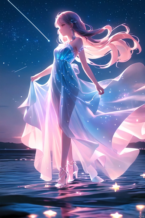 (masterpiece),(wallpaper), (best quality), (best illuminate, best shadow), (best illustration), dynamic angle,
(1 girl) is walking in front of a delicate and beautiful moon-blue sky, solo, from side, 
(Backlight), mid shot, (the beautiful and delicate girl:1.3), beautiful bare back, (detailed face:1.2), (long floating hair:1.2), (beautiful long dress:1.2), floating dress,
the girl (walking) on surface of the water, Beautiful and delicate violet light water surface, reflective water surface,
High saturation blue clouds and (stars sky:1.3) in the background, cold color, colors, backlight, masterpiece, girl