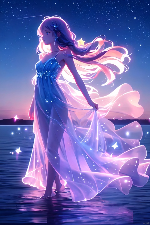  (masterpiece),(wallpaper), (best quality), (best illuminate, best shadow), (best illustration), dynamic angle,
(1 girl) is walking in front of a delicate and beautiful moon-blue sky, solo, from side, 
(Backlight), mid shot, (the beautiful and delicate girl:1.3), beautiful bare back, (detailed face:1.2), (long floating hair:1.2), (beautiful long dress:1.2), floating dress,
the girl (walking) on surface of the water, Beautiful and delicate violet light water surface, reflective water surface,
High saturation blue clouds and (stars sky:1.3) in the background, cold color, colors, backlight, masterpiece, girl