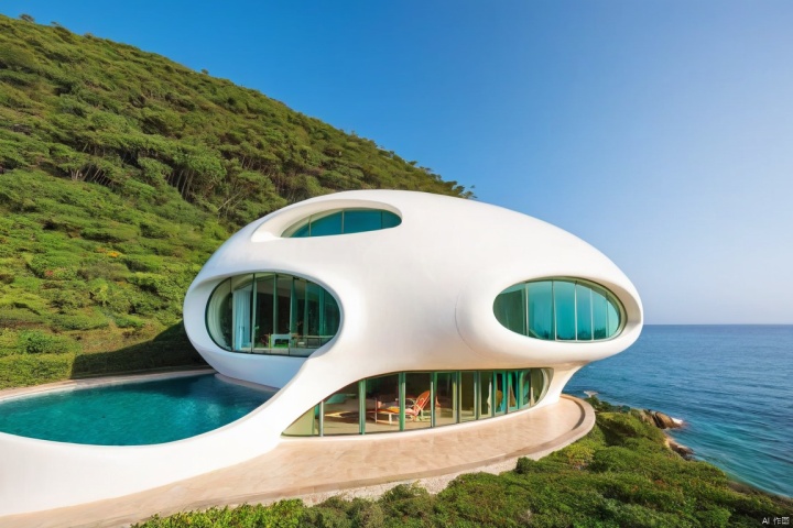  Masterpiece, the best quality, stunning details, Enjoy the Future, 
（Wide angle：1.2）, 8k, (seaside:1.2), （sea coast:1.2),(sea:1.5),
oval shaped building (streamlined, white exterior, medusa shaped design, glass exterior wall, colorful decoration, huge) surrounded by （bamboo forest：0.7) and the （sea：1.3）, outside swimming pool
