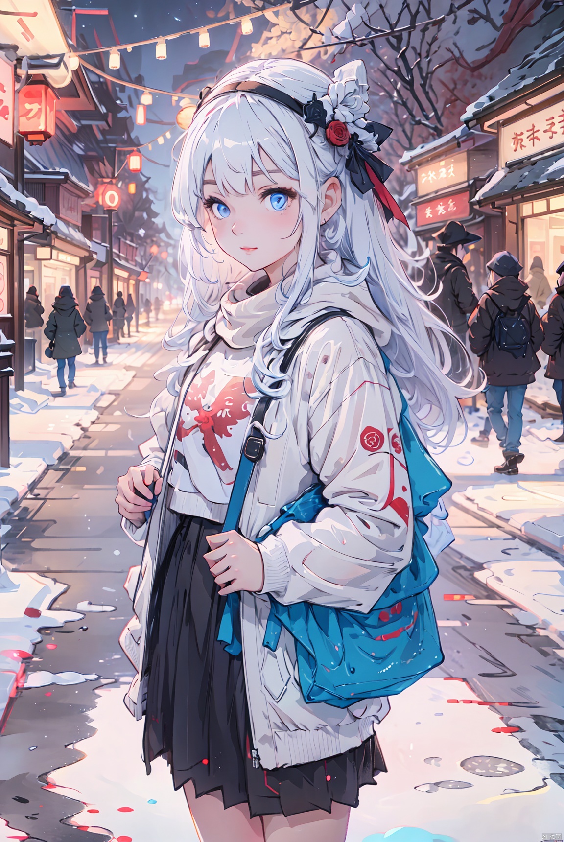  1 girl, frontal,blue eyes, white hair blowing in the wind, happy to look at the camera,small huts,street,,in winter,snowy, (red lantern:1.2),holding red gift,night,moon,light,