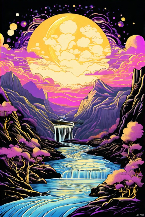 art nouveau painterly style, scenic mountains, illustration with gold linework, mystical, occult, gold linework,big golden moon, river, waterfall,high contrast,light pink,light blue,light purple,light yellow,light orange,bright,