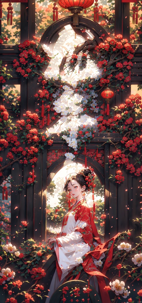  (8k, original image, best quality, masterpiece: 1.2),aerial garden, (A girl lazily stood on a rock watching the scenery),(Beautiful facial features, extremely beautiful face),(Hanfu long skirt:1.2),White Hanfu,The ancient tea trees on both sides of her are covered in white flowers,(Fisheye view), whole body, solo, atmospheric lighting, Ancient Chinese Architecture,The foreground is a Chinese style circular arch,Far away is a mountain hidden in the clouds,White flowers, wind,cloud, atmospheric lighting,physics based rendering, viewers,DUNHUANG_CLOTHS,hanstyle,1_girls,(龙年, chinese