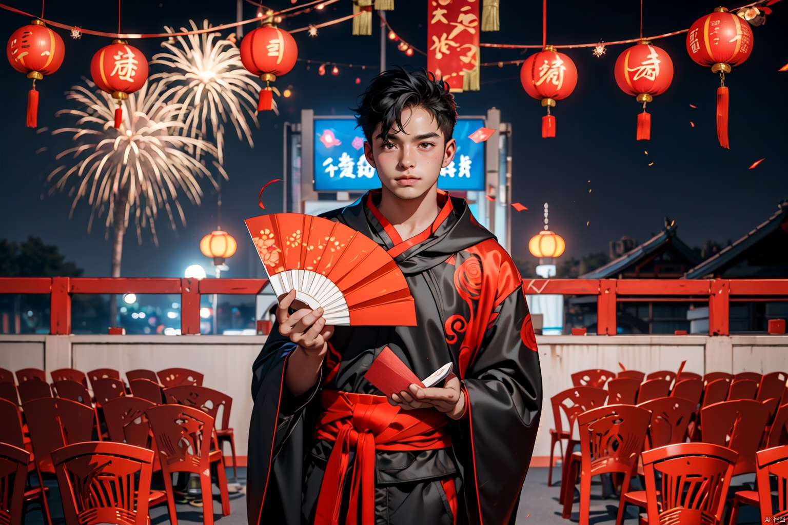  1boy, Arso,Lovely boy, Chinese black gown, white fan, fan in hand, China New Year in the background, red envelopes, firecrackers, gufeng, Night scene