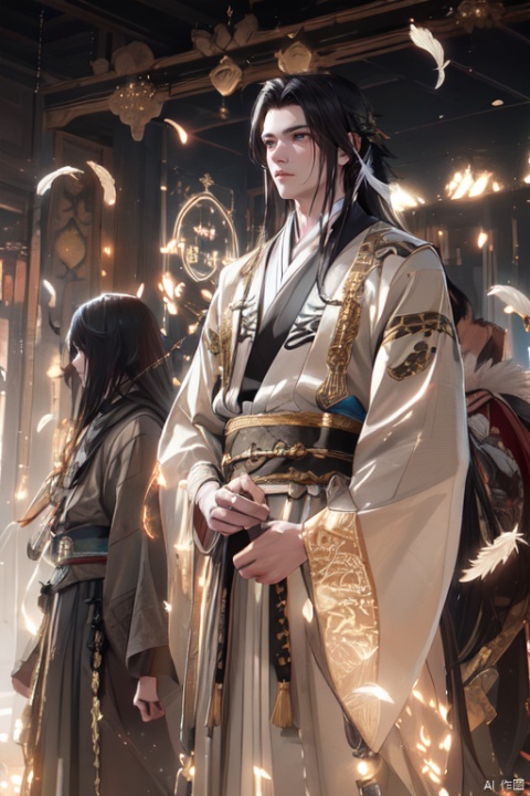  ,1 young male,A man stood on his side with feathers floating in the wind., a boy with black and white hair_long hair_hanfu