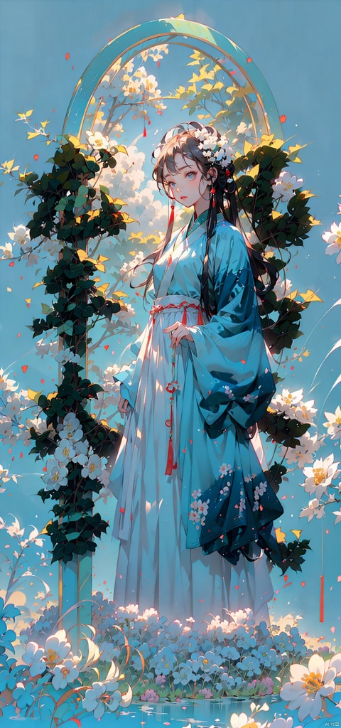  (8k, original image, best quality, masterpiece: 1.2),aerial garden, (A girl lazily stood on a rock watching the scenery),(Beautiful facial features, extremely beautiful face),(Hanfu long skirt:1.2),White Hanfu,The ancient tea trees on both sides of her are covered in white flowers,(Fisheye view), whole body, solo, atmospheric lighting, Ancient Chinese Architecture,The foreground is a Chinese style circular arch,Far away is a mountain hidden in the clouds,White flowers, wind,cloud, atmospheric lighting,physics based rendering, viewers,DUNHUANG_CLOTHS,han style,1_girls,(龙年