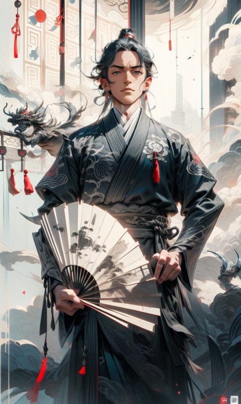  1 teenager, solo, (upper body) male focus, (Hanfu), short black hair, (Hanfu) (black eyes) (bright picture), Chinese gown, printing, tassel, embroidery, (front view), sword 6528, （（with a fan in his hand））（fan）
Elemental whirlwind, Chinese dragon _ imagination _ cloud winding _ fire cloud _ dragon, China architecture.
(Masterpiece), (Very detailed CG Unity 8K wallpaper), best quality, high-resolution illustrations, amazing, highlights, (Best lighting, best shadows, very exquisite and beautiful), (Enhanced), 1Man, (\long yun heng tong\), game icon institute, girl, guofeng,masterpiece, Ink scattering_Chinese style, qinyu, JYGL, wuxia