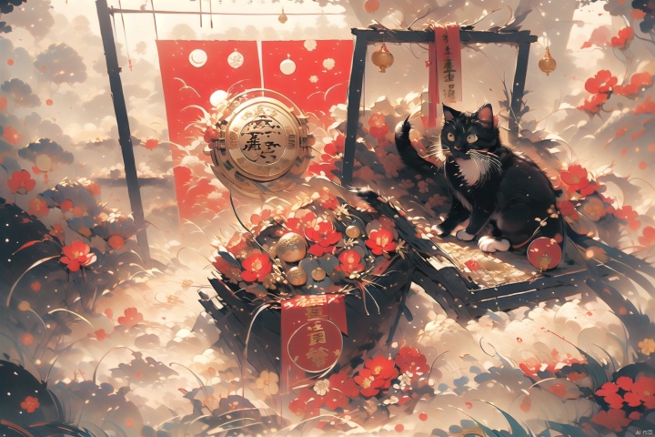  China year, annual flavor, ornaments, Lucky cat, picture frame, rockery, orange, bergamot, red envelope, lotus, seal, green plant. wu, 2D ConceptualDesign, cozy animation scenes, backlight, , sketch style, (\tong hua cheng bao\), JHJH, chinese new year,Maneki-neko, Night scene, cat