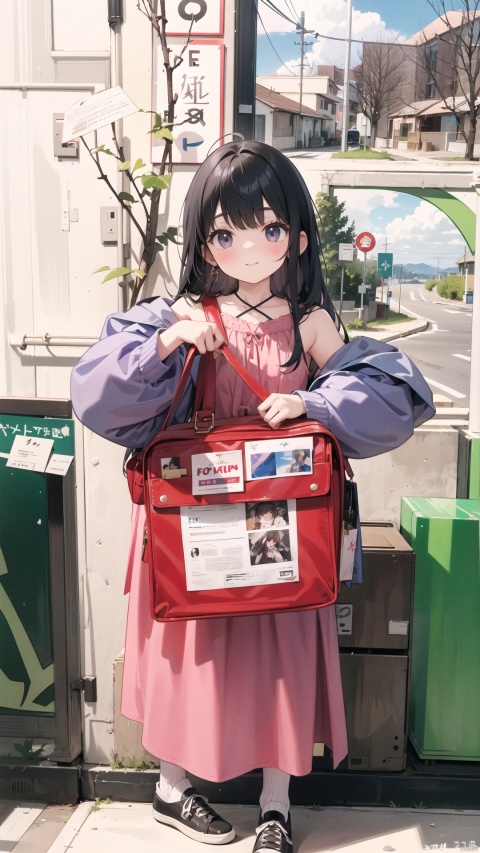  1 girl, with red bag in hand, dress, long hair, in the gallery, black hair, solo, pink dress, purple sleeve dress, looking at the audience, sky, white shoes, wires, roads, signs, no socks, black eyes, shoes, blush, standing, masterpiece, best Q.