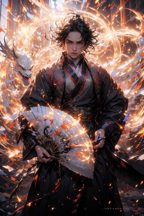  1 teenager, solo, (upper body) male focus, (Hanfu), short black hair, (Hanfu) (black eyes) (bright picture), Chinese gown, printing, tassel, embroidery, (front view), sword 6528, with a fan in his hand.
Elemental whirlwind, Chinese dragon _ imagination _ cloud winding _ fire cloud _ dragon, China architecture.
(Masterpiece), (Very detailed CG Unity 8K wallpaper), best quality, high-resolution illustrations, amazing, highlights, (Best lighting, best shadows, very exquisite and beautiful), (Enhanced), 1Man