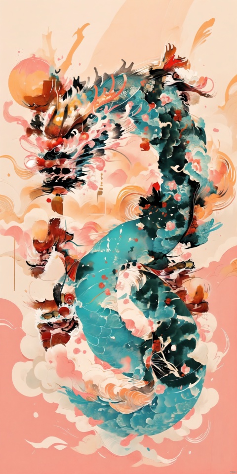  Chinesedragon,Chinese New Year,Lanterns, firecrackers, a festive atmosphere,the year of the dragon,ink wash painting, Ink scattering_Chinese style, (\shi shi ru yi\), Illustrator, chinese new year, dragon