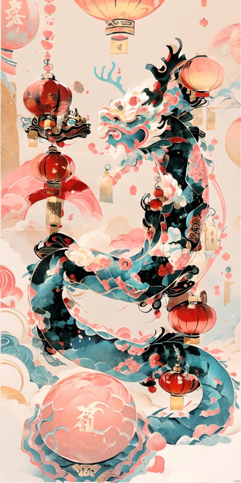  Chinesedragon,Chinese New Year,Lanterns, firecrackers, a festive atmosphere,the year of the dragon,ink wash painting, Ink scattering_Chinese style, (\shi shi ru yi\), Illustrator, chinese new year