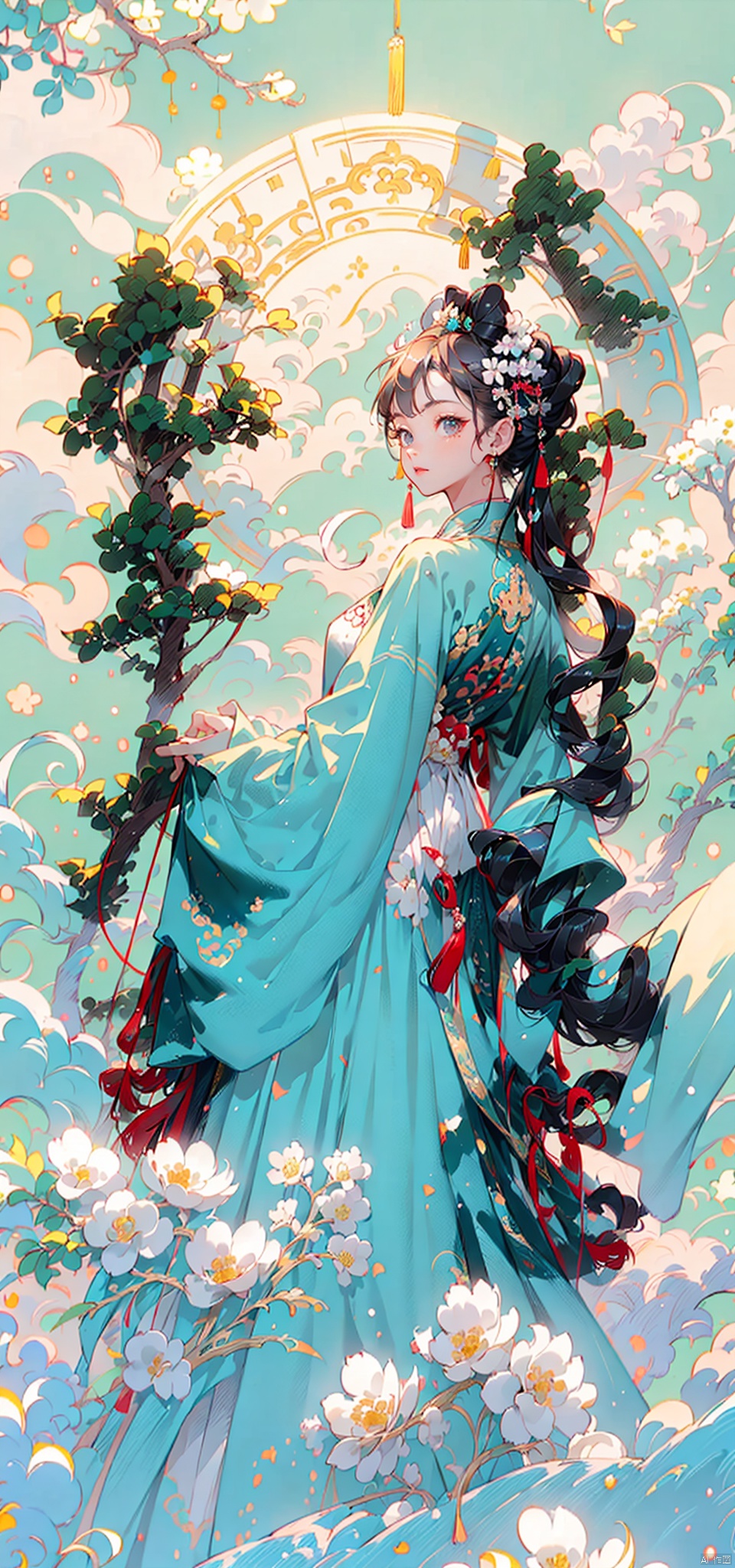  (8k, original image, best quality, masterpiece: 1.2),aerial garden, (A girl lazily stood on a rock watching the scenery),(Beautiful facial features, extremely beautiful face),(Hanfu long skirt:1.2),White Hanfu,The ancient tea trees on both sides of her are covered in white flowers,(Fisheye view), whole body, solo, atmospheric lighting, Ancient Chinese Architecture,The foreground is a Chinese style circular arch,Far away is a mountain hidden in the clouds,White flowers, wind,cloud, atmospheric lighting,physics based rendering, viewers,DUNHUANG_CLOTHS,hanstyle,1_girls,(龙年