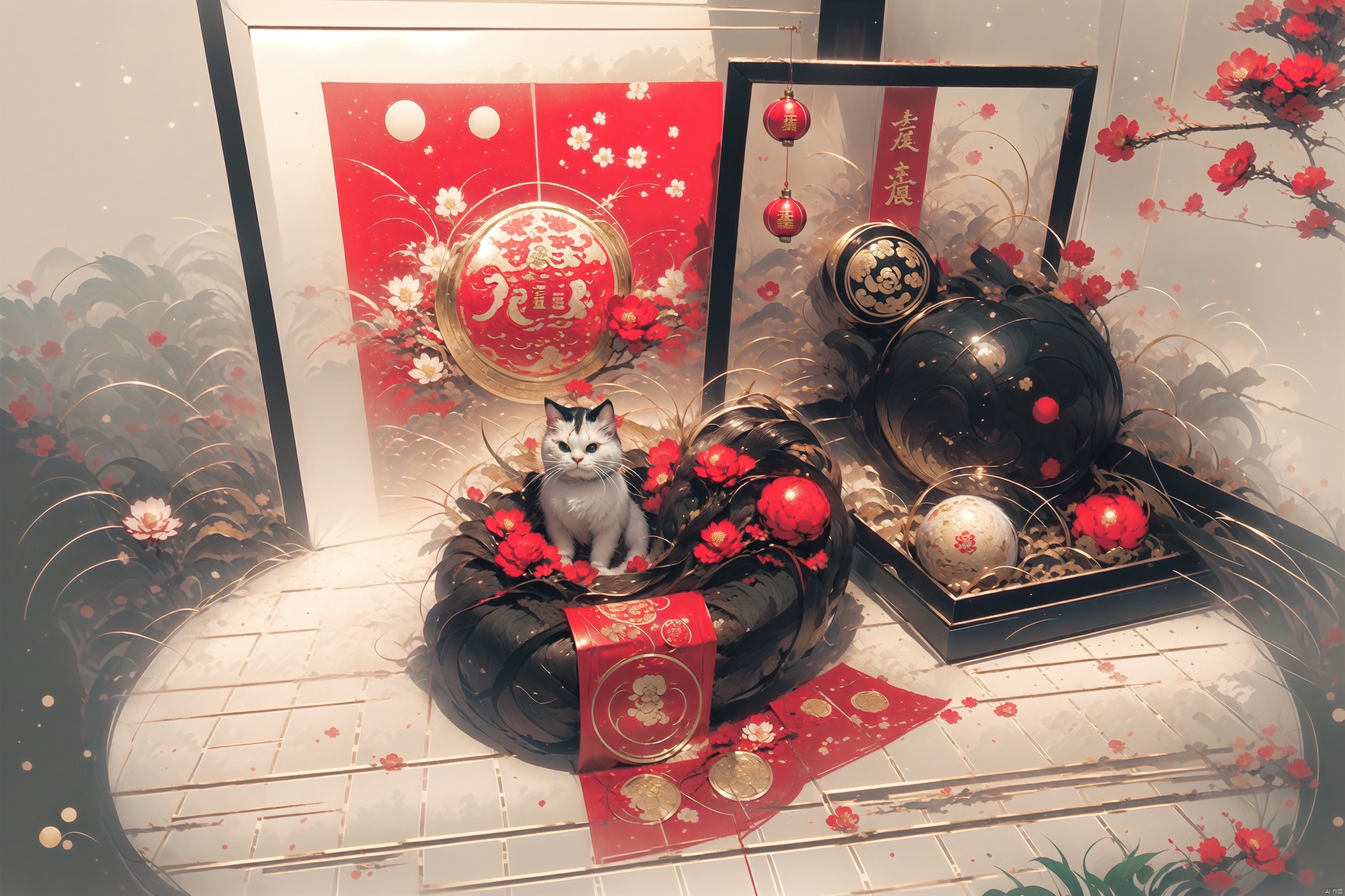  China year, annual flavor, ornaments, Lucky cat, picture frame, rockery, orange, bergamot, red envelope, lotus, seal, green plant. wu, 2D ConceptualDesign, cozy animation scenes, backlight, , sketch style, (\tong hua cheng bao\), JHJH, chinese new year,Maneki-neko
