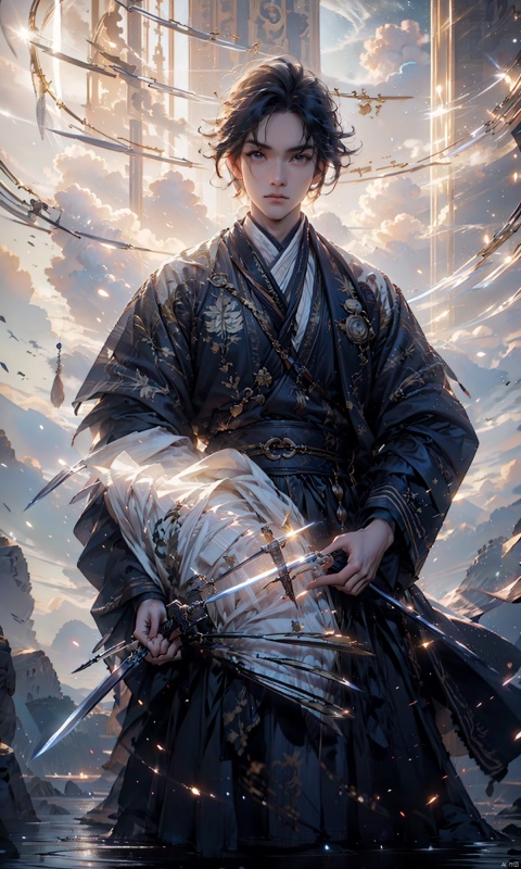  1 man, solo, male focus: strengthening, (Full Body: 1.2), (Floating Swords * 100), 100 Floating Swords, lens light, Shadow of the Swords (Blade Storm: 1.2), circular waves, Night, cliffs, starry sky, clouds, clouds, mountains and rivers, ancient temples, Starry Night, Absorption, Incremental Absorption, Beyond Reality,
(Masterpiece), (Very Detailed CGUnit 8K Wallpaper), Best Quality, High Resolution Illustrations,