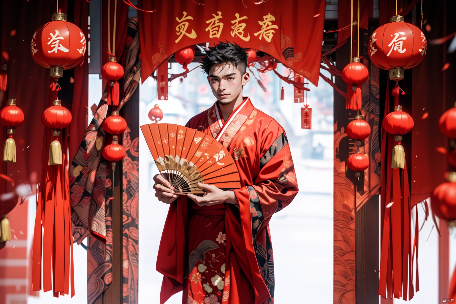  1boy, Arso,Lovely boy, Chinese gown, fan in hand, China New Year in the background, red envelopes, firecrackers,