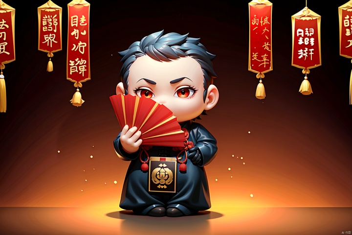 Lovely boy, Chinese black gown, black hair,fan in hand, China New Year in the background, red envelopes, firecrackers,