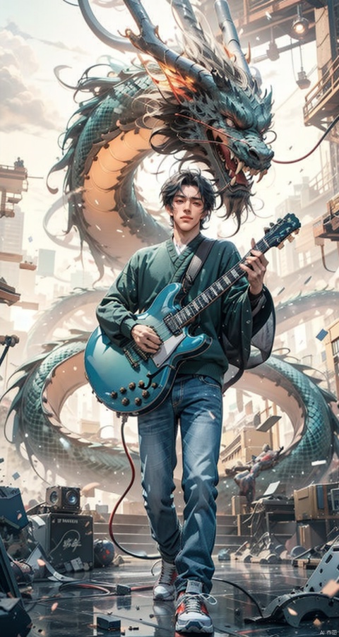  A young man, wearing glasses, a green sweater, playing a blue guitar, blue jeans, sneakers, whole body, a dragon behind him, stage lighting, dynamic posture, flowingshorthair,,Superperspective,baimecha,HEZI,,中国龙, (\long yun heng tong\), playing_electric_guitar, Volumetric Lighting, Diagram,electric_guitar