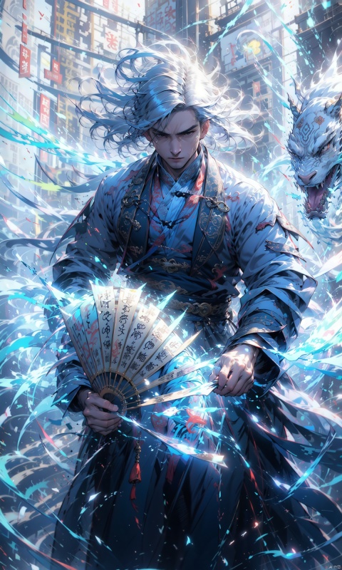  1 teenager, solo, (upper body) male focus, (Hanfu), short black hair, (Hanfu) (black eyes) (bright picture), Chinese gown, printing, tassel, embroidery, (front view), sword 6528, with a fan in his hand.
Elemental whirlwind, Chinese dragon _ imagination _ cloud winding _ fire cloud _ dragon, China architecture.
(Masterpiece), (Very detailed CG Unity 8K wallpaper), best quality, high-resolution illustrations, amazing, highlights, (Best lighting, best shadows, very exquisite and beautiful), (Enhanced), 1Man