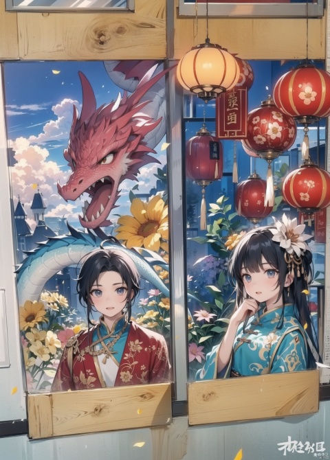  A dragon prince, wearing an orange Chinese coat, is walking in the clouds, and a dragon princess is standing under the lights and flowers.