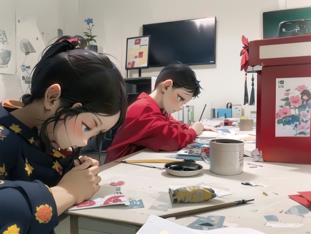  Two lovely children, a boy and a girl, are drawing in the studio. There is a China lantern on the table. The girl is wearing a ponytail and a blue princess costume. The boy is wearing a red costume.