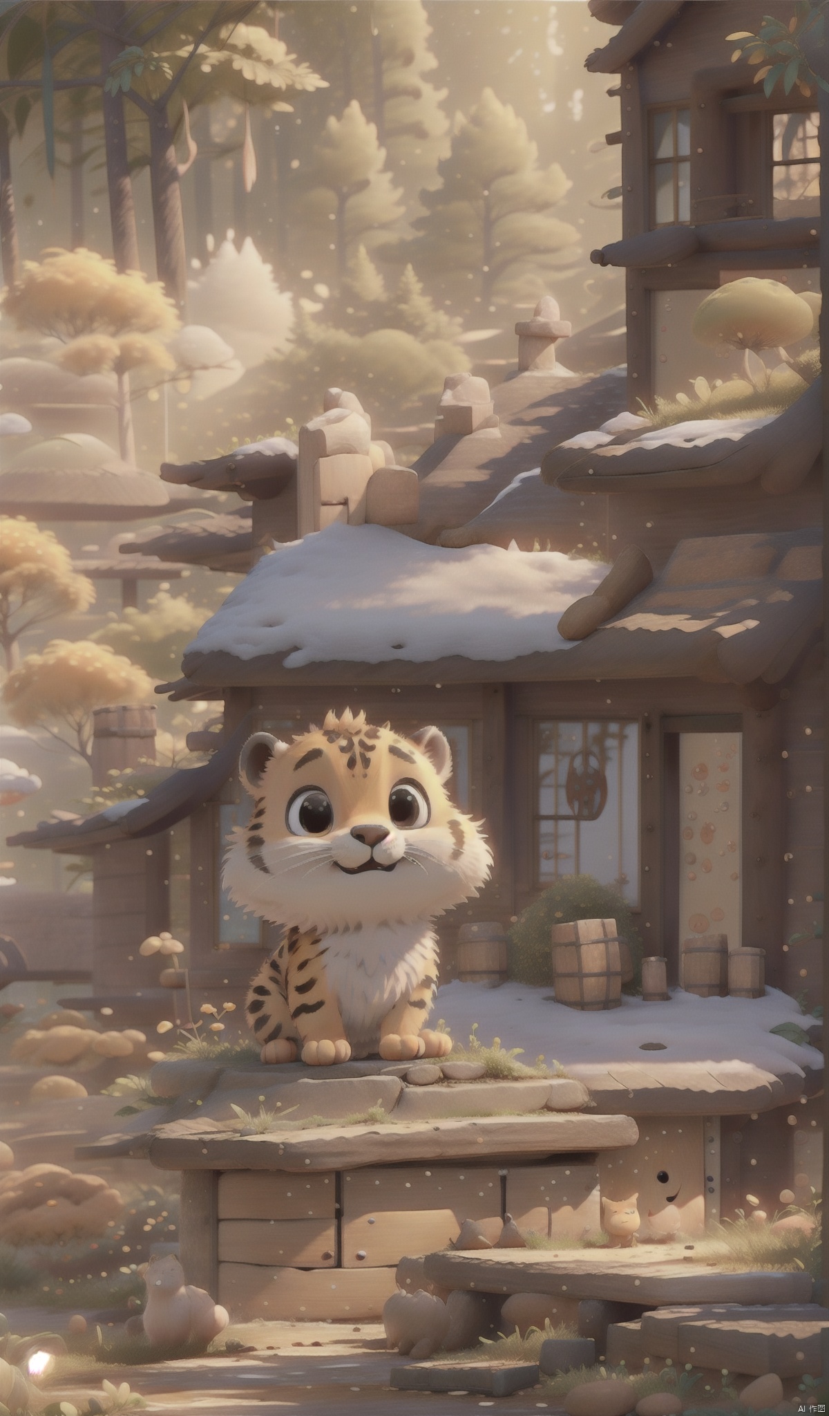  A cute little tiger stands in front of the house with a bigforestinthebackground,迪士尼, wu, 2D ConceptualDesign, cozy animation scenes, backlight
