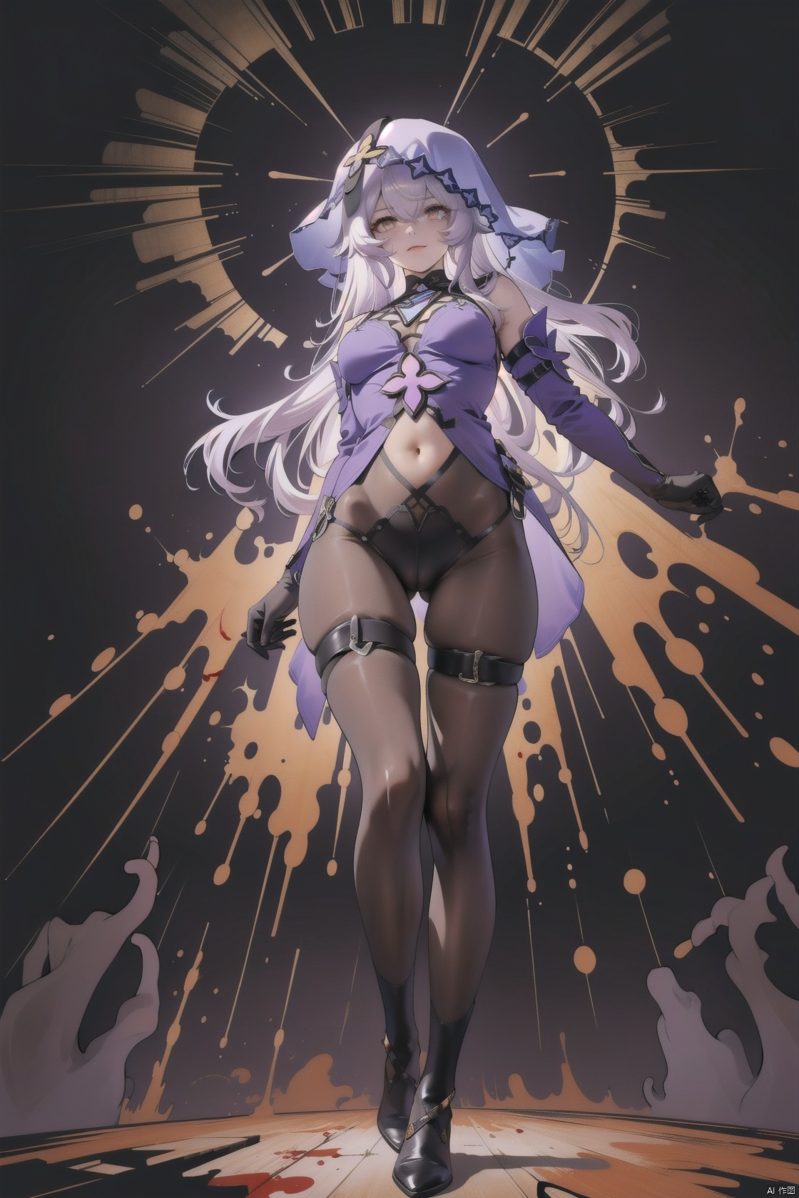 (from below:1.4),look at the viewer,close up,(dynamic angle:1.3),dutch_angle,dynamic angle,dutch_angle,heitiane,long hair,gloves,bangs,breasts,bare shoulders,elbow gloves,veil,purple hair,purple dress,purple eyes,hair between eyes,black gloves,yellow eyes,pantyhose,very long hair,yellow eyes,lying on the ground,(blood,blood on face:1.2),torn clothes,torn legwear,crying,scared,ruins,light particles,sparkler,corpse,bandages,bandaged leg,navel,blood,bandaged arm,on back,injury,cleft of venus,stomach,arms behind head,a blade in the abdomen,,, 1girl,, (masterpiece,best quality:1.2),absurdres,a girl named heitiane, white pantyhose, haoche