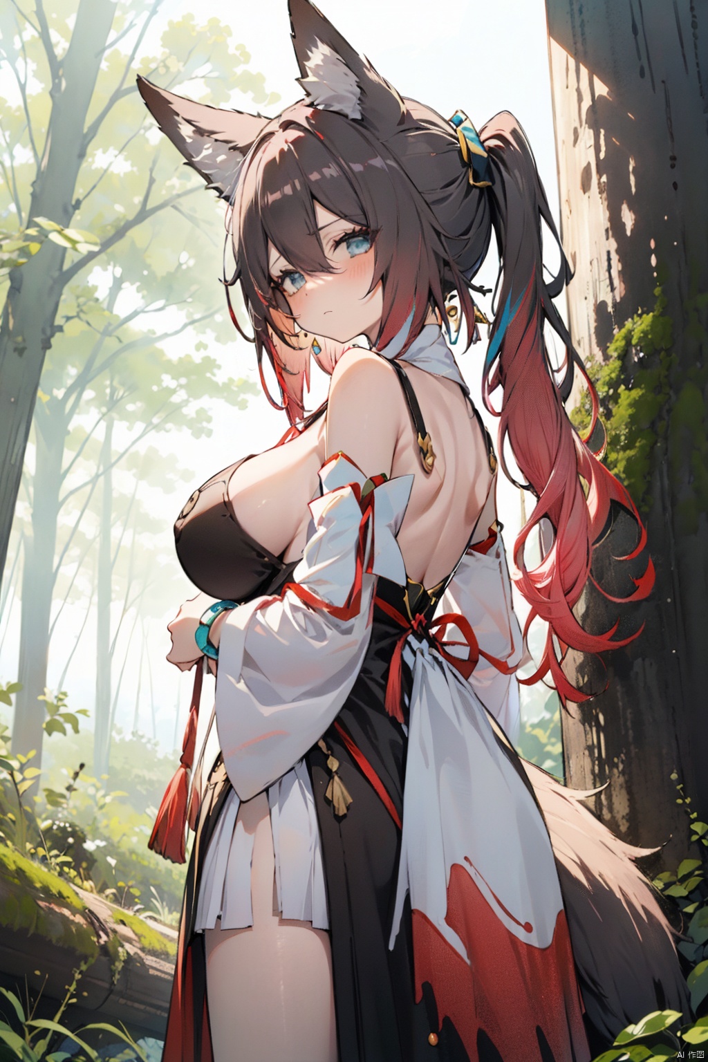  1girl, arm_under_breasts, arms_under_breasts, bangs, black_ribbon, blue_eyes, blunt_bangs, blush, breast_hold, breasts, closed_mouth, collarbone, crossed_arms, eyebrows_visible_through_hair, frown, gradient, hair_ornament, hair_ribbon, large_breasts, long_hair, long_sleeves, looking_at_viewer, nakano_nino, pink_hair, red_hair, ribbon, shirt, sidelocks, solo, striped, striped_shirt, very_long_hair,view from below 
 ,look Back 

1girl,fox ears,long hair, ponytail,multicolored hair, brown hair, earrings,jewelry,,cleavage, detached sleeves,wide sleeves, bare shoulders, black dress, bracelet, gold trim,tassel, fox tail, pelvic curtain,forest,outdoors,tree